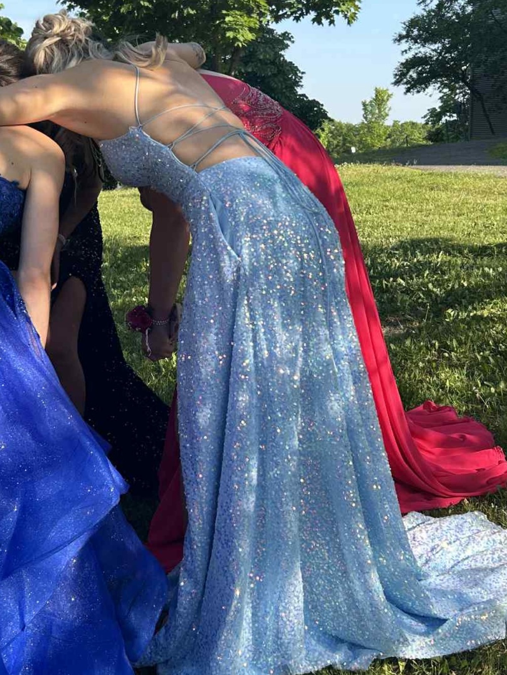 Karma Sparkling Light Blue Lace-Up Back Prom Dress